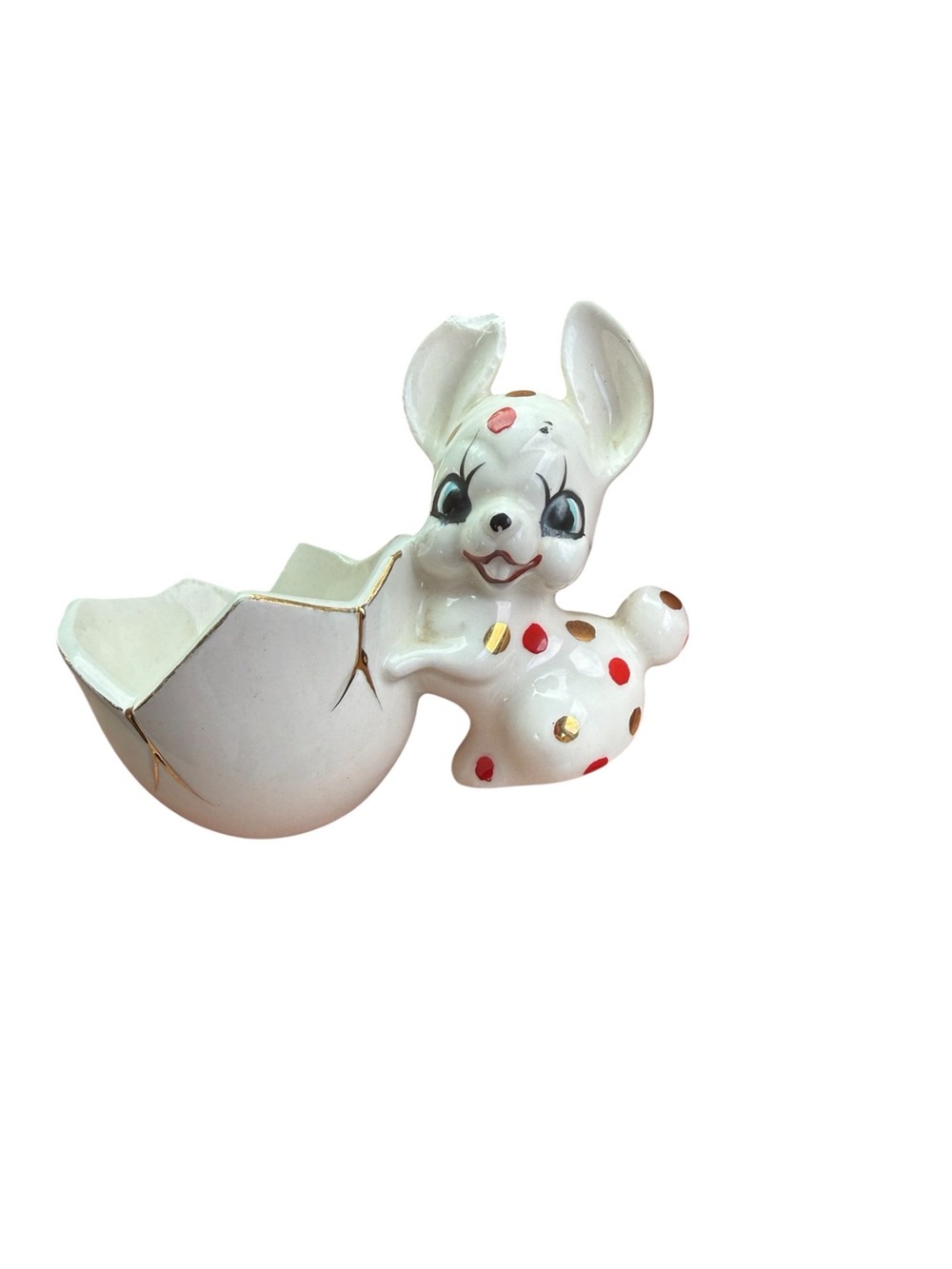 Rare vintage white bunny with polka dots egg cup